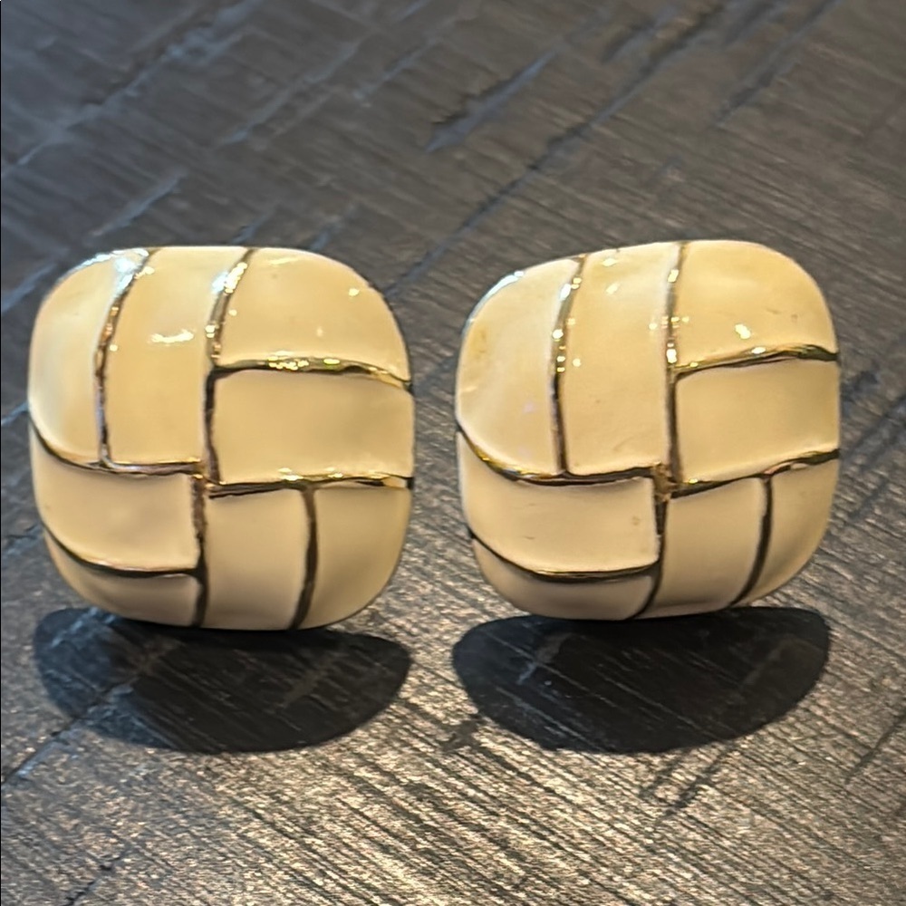 Vintage Estate Cream and Gold Square Clip On Earrings Statement